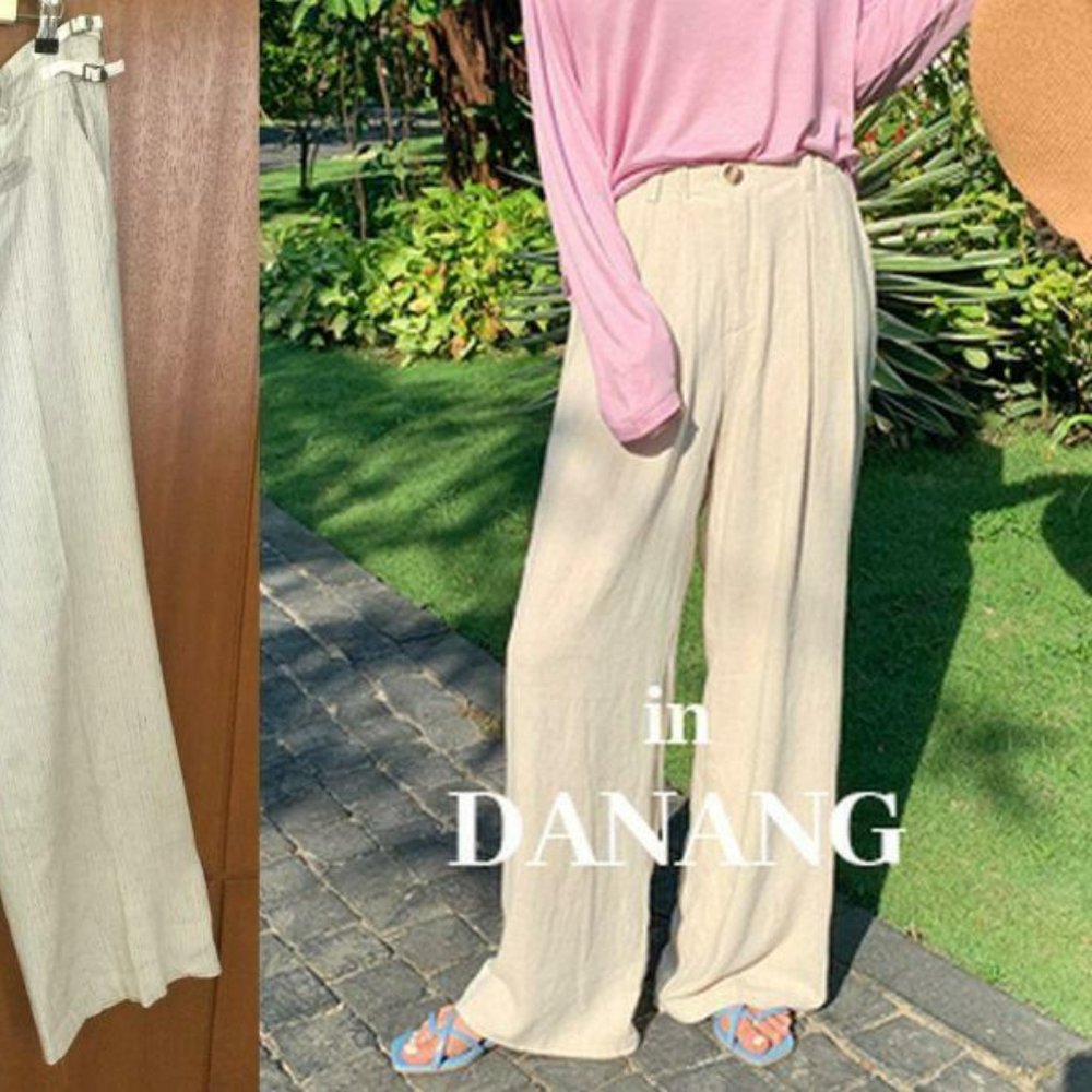 NWT $238 DA-NANG STONE BEIGE PINSTRIPED FLOWY LINEN/SILK TROUSERS PANTS - M- L